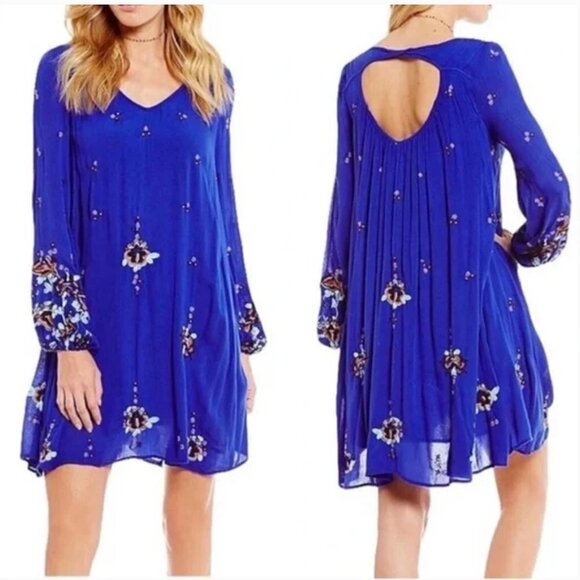 Free People Oxford Embroidered Blue Long Sleeve Cutout Back Mini Shift Dress M - Picture 16 of 16